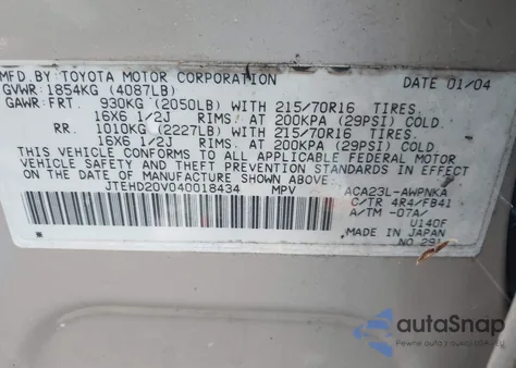 2004 Toyota Rav4 from USA, damaged, VIN JTEHD20V040018434